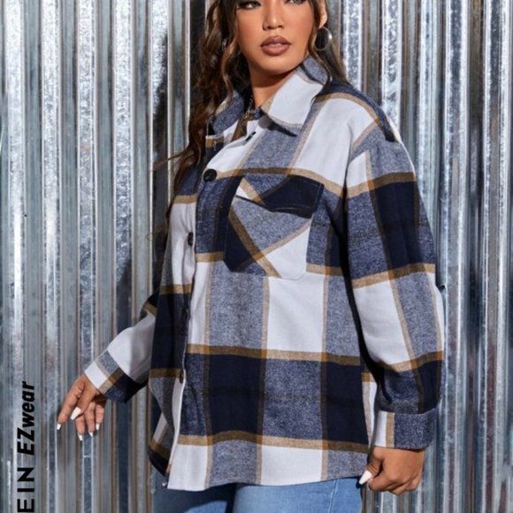 Shein Curve Plaid Flap Pocket Shacket - Picture 2 of 11
